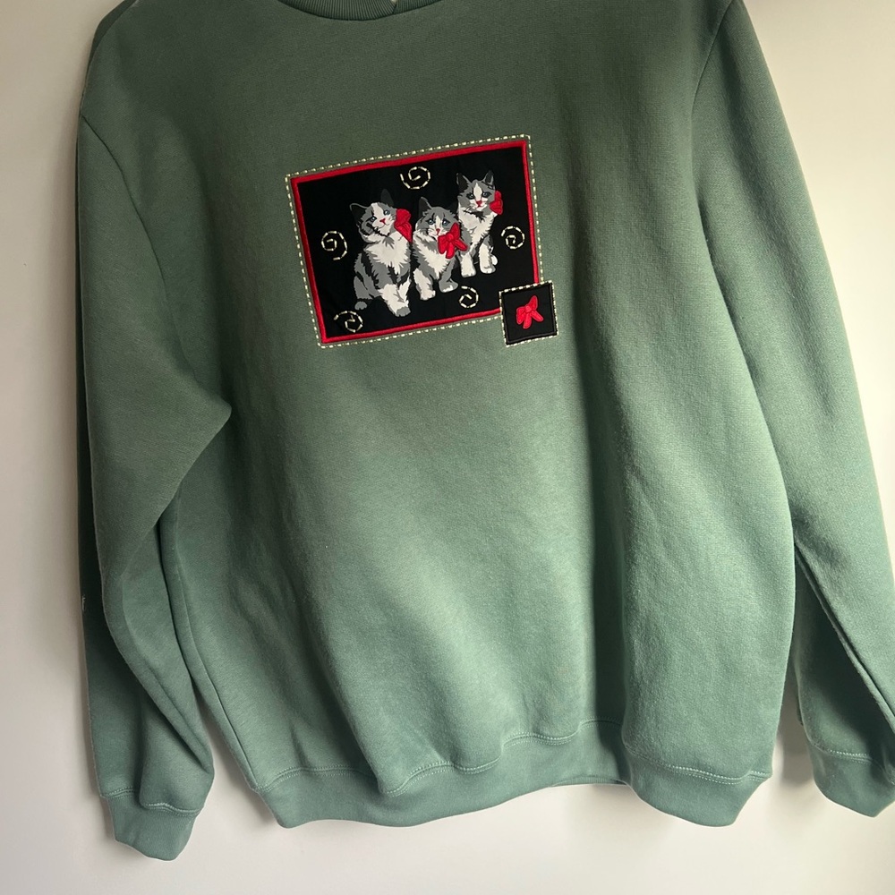 Vtg Blair Granny  Cat Bow Pull Over Women's Large Green Embroidered/ Patch